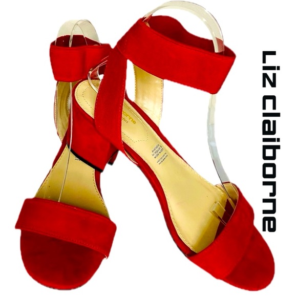 LIZ CLAIBORNE Eastwick Red Faux Suede Mid Heel Sandal Women’s Size 8 Wide - Picture 1 of 9